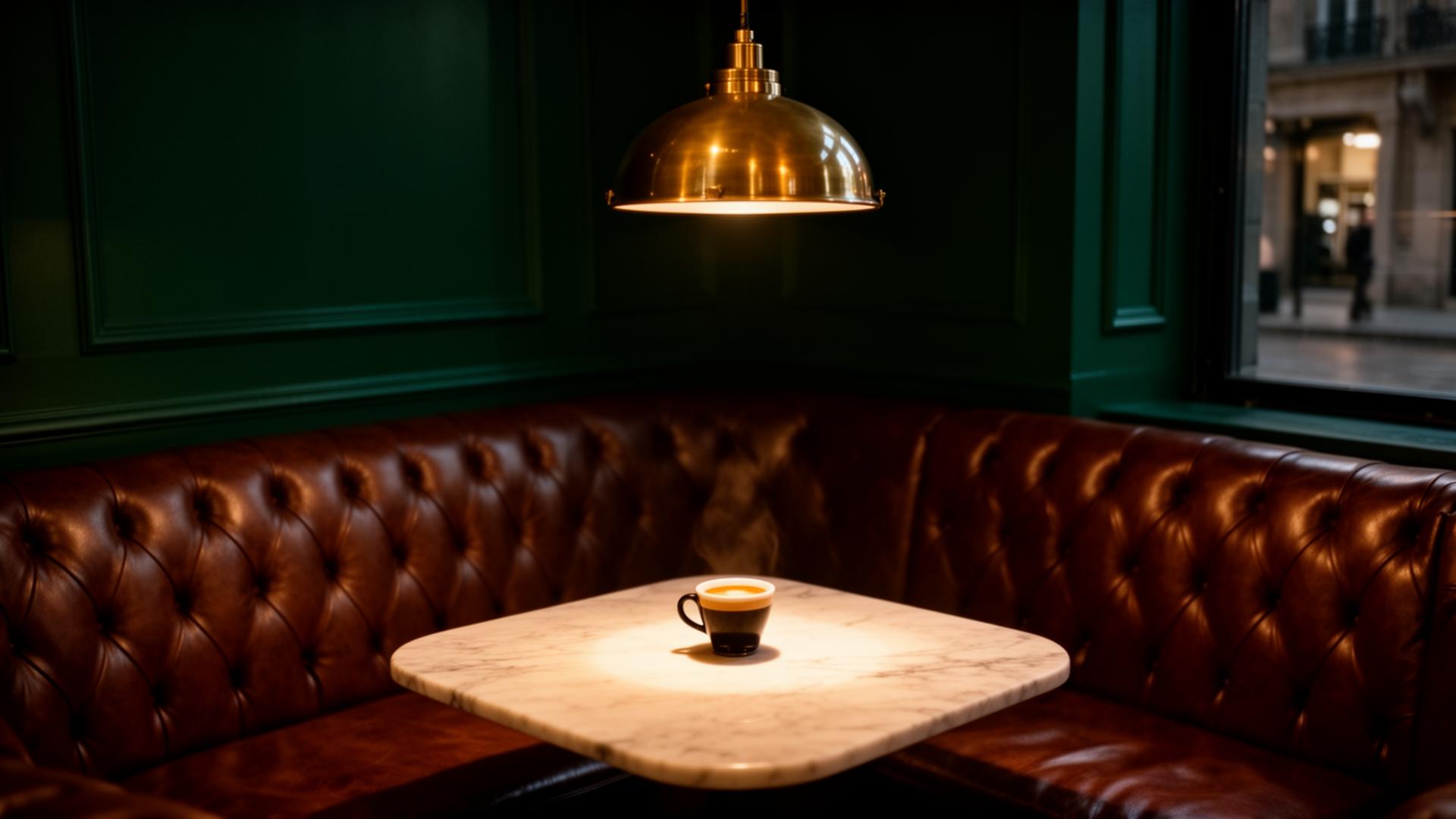 Intimate corner booth at Maison Noir, brass pendant and marble table