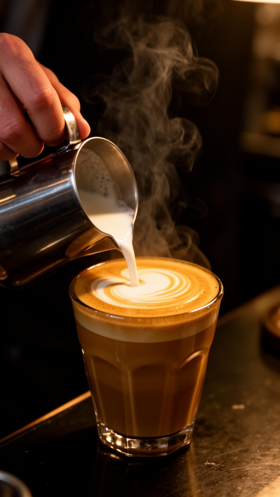 Barista pouring milk for a latte